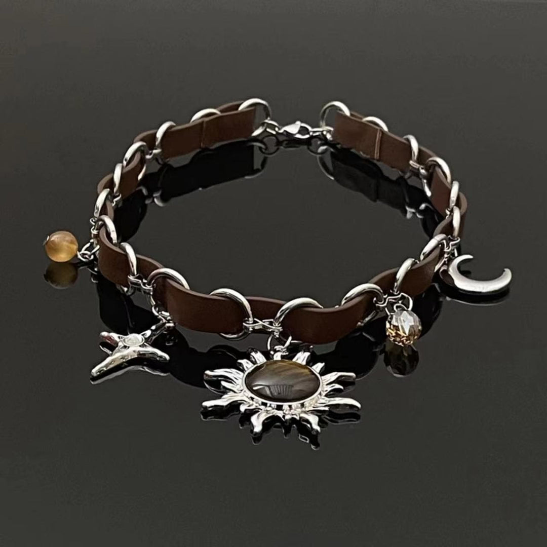 The sun moon cross o ring PU leather choker necklace  | Festival Outfits Women