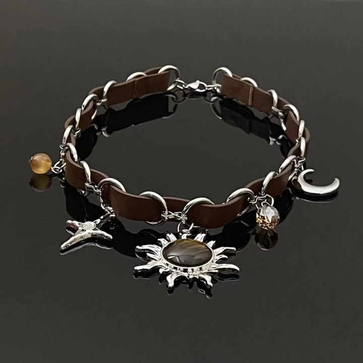 The sun moon cross o ring PU leather choker necklace  | Festival Outfits Women