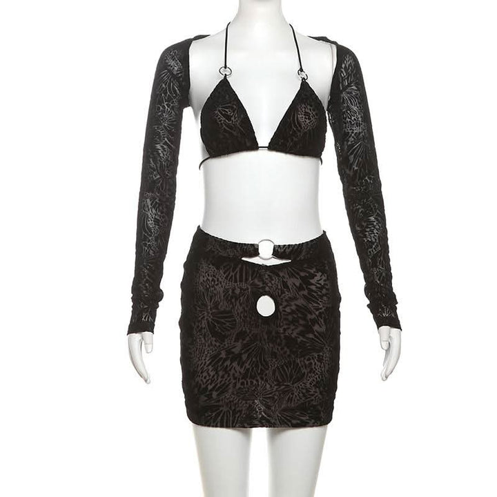 Halter o ring shrug 3 piece mini skirt set-final-sale