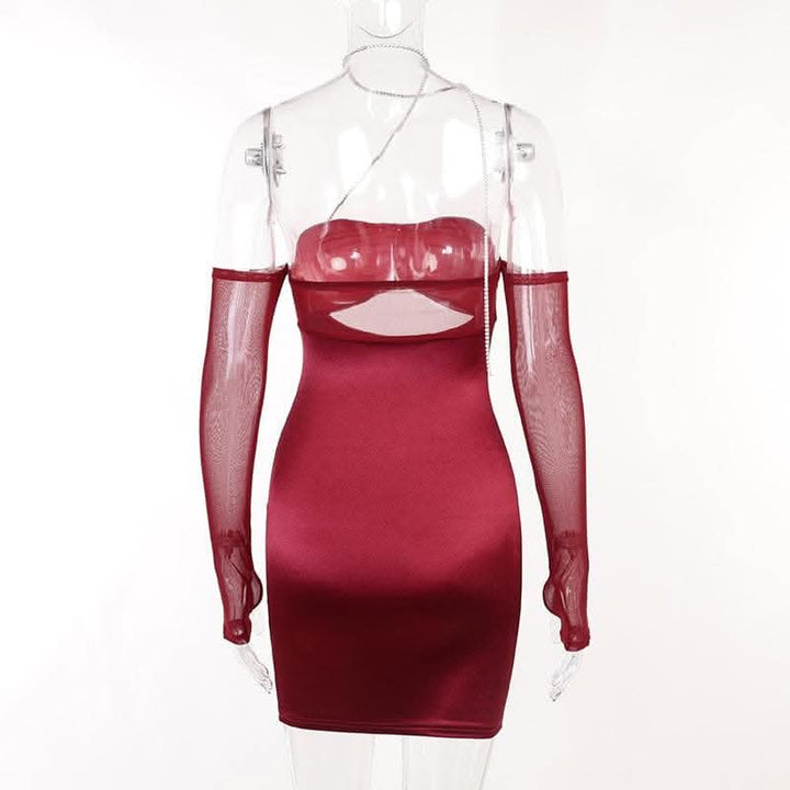 Mesh gloves solid halter ruched hollow out off shoulder cut out mini dress-final-sale  | Festival Outfits Women