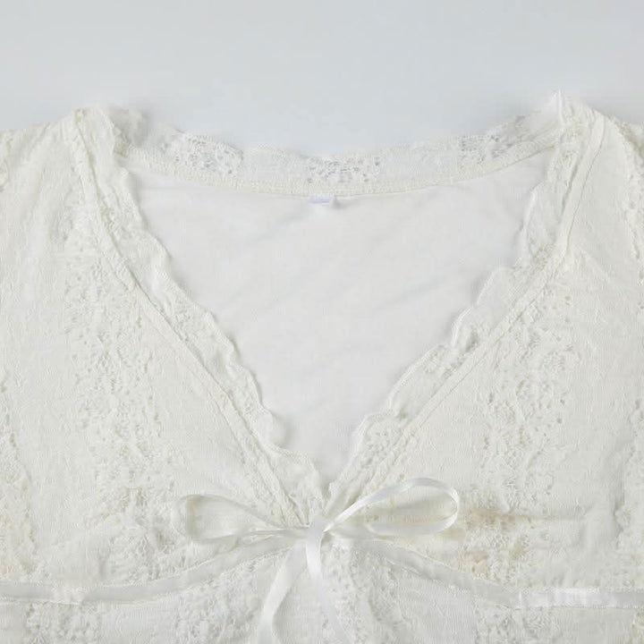 V neck long sleeve lace bowknot top  | Festival Outfits Women-final-sale