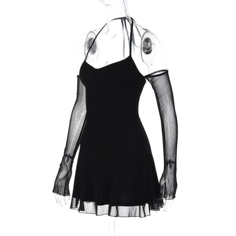 Long sleeve halter off shoulder ruched backless mesh ruffle mini dress-final-sale