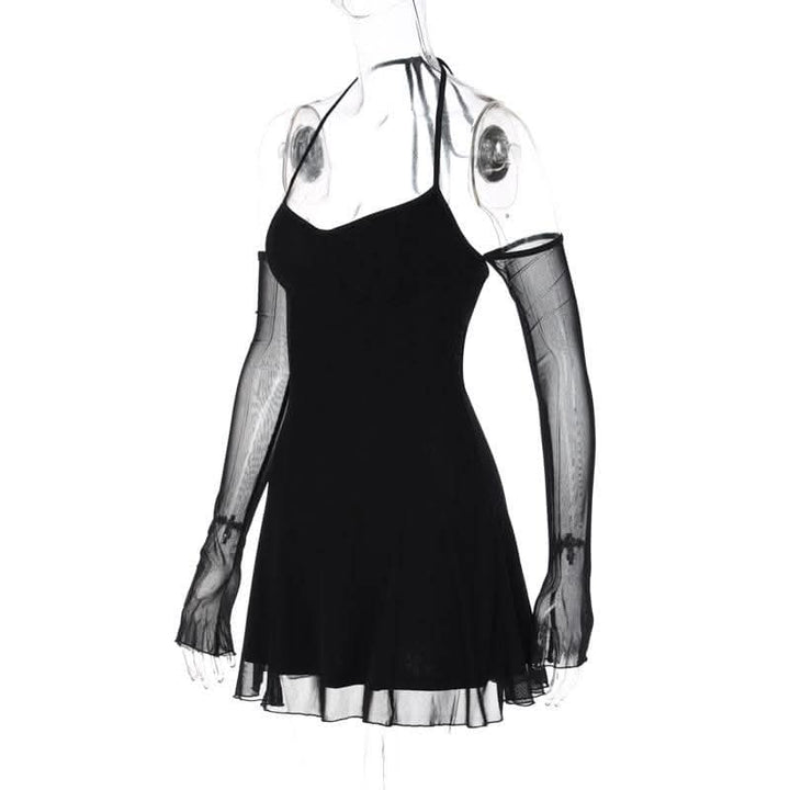 Long sleeve halter off shoulder ruched backless mesh ruffle mini dress-final-sale