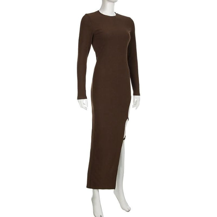 Self tie irregular long sleeve slit crewneck solid midi dress-final-sale  | Festival Outfits Women