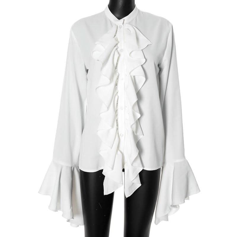 Long flared sleeve ruched ruffle button solid top-final-sale  | Festival Outfits Women