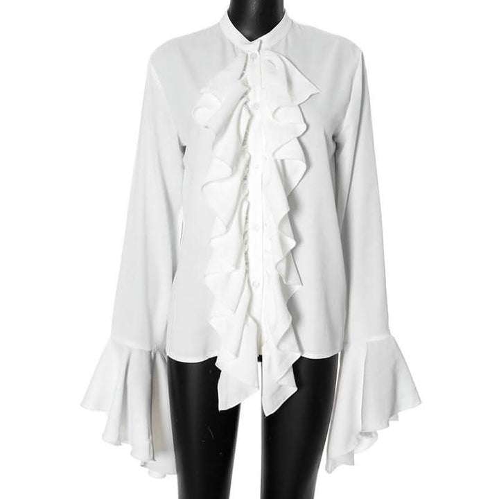 Long flared sleeve ruched ruffle button solid top-final-sale  | Festival Outfits Women