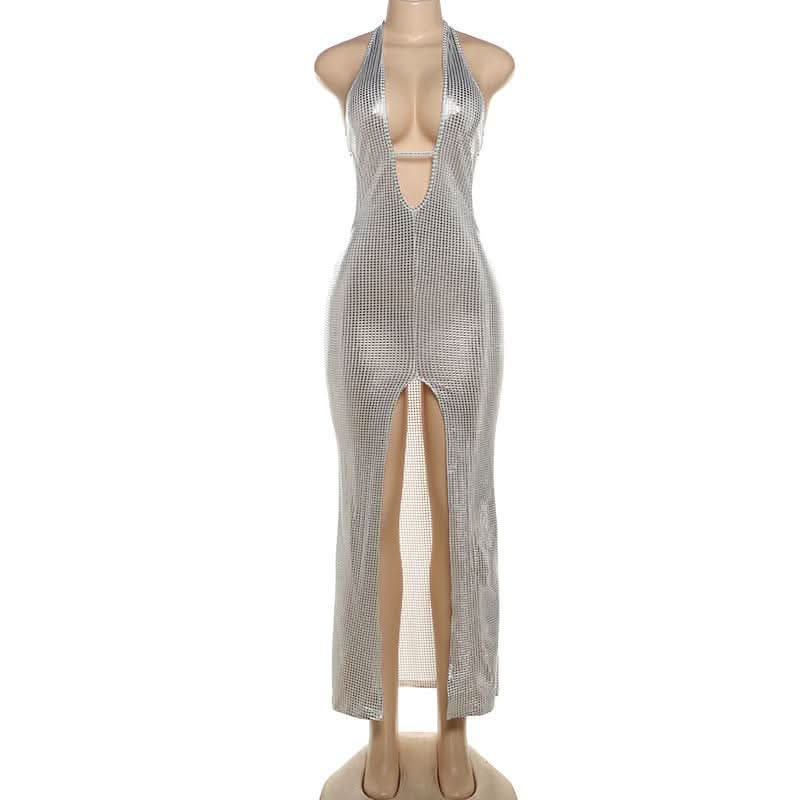 Halter deep V neck slit plaid hollow out cut out maxi dress-final-sale  | Festival Outfits Women
