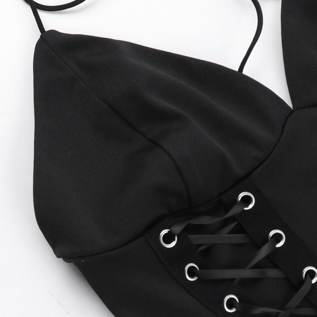 Halter self tie v neck lace up backless solid top  | Festival Outfits Women