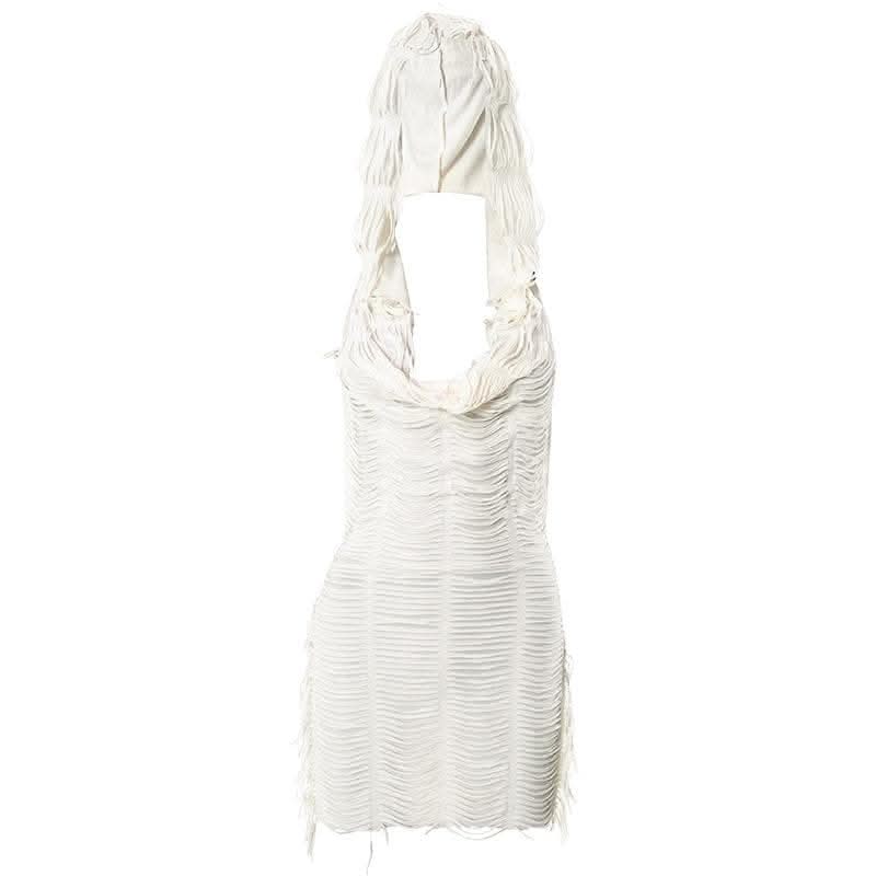 Textured solid hoodie cowl neck sleeveless backless tassels mini dress-final-sale