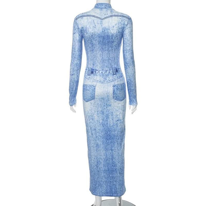 Denim print contrast high neck long sleeve maxi dress-final-sale  | Festival Outfits Women