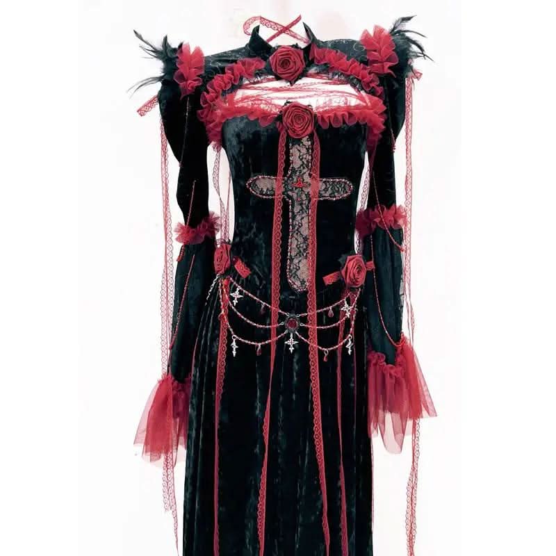 Long sleeve flower applique ruffle feather maxi dress  | Festival Outfits Women