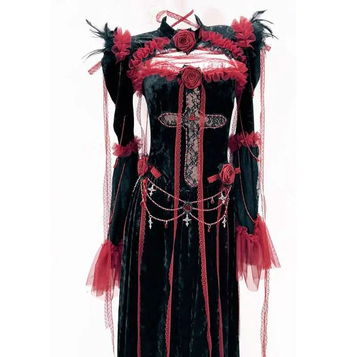 Long sleeve flower applique ruffle feather maxi dress  | Festival Outfits Women