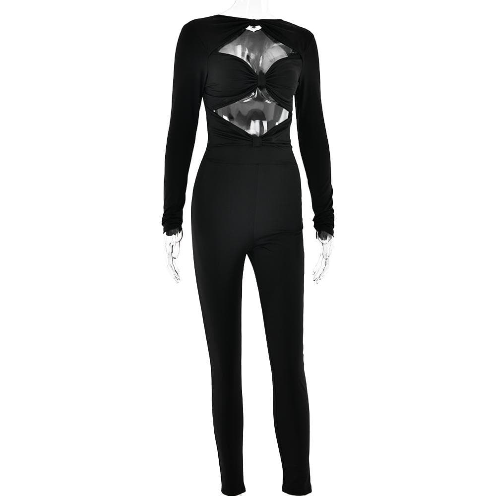 Long sleeve hollow out ruched solid jumpsuit  | Festival Outfits Women