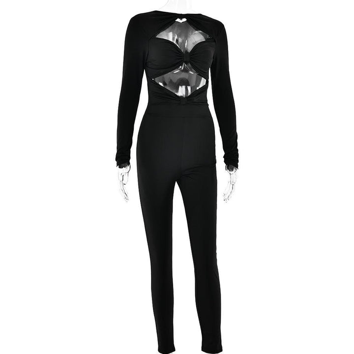 Long sleeve hollow out ruched solid jumpsuit  | Festival Outfits Women