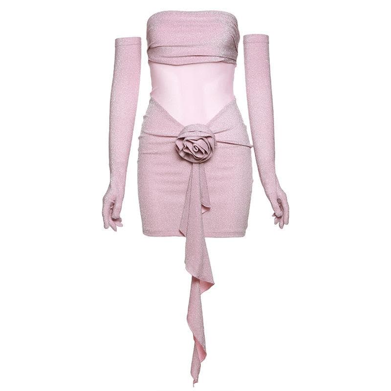Gloves flower applique mesh patchwork ruched tube mini dress-final-sale  | Festival Outfits Women