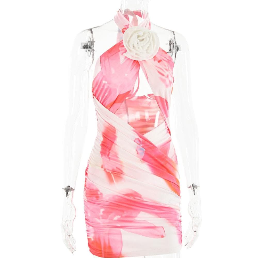 Flower applique cross front ruched contrast self tie mini dress-final-sale  | Festival Outfits Women