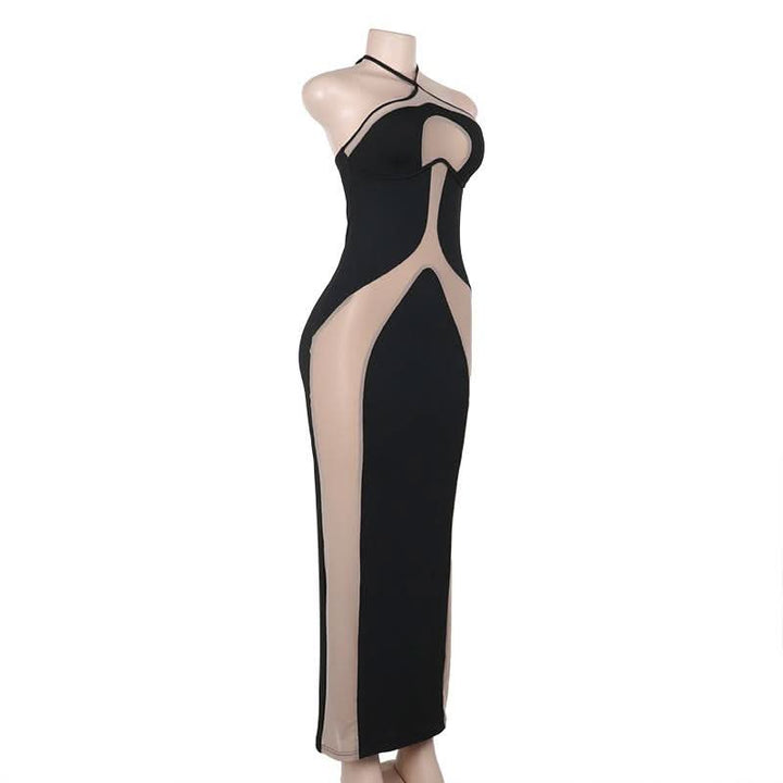 Halter self tie mesh patchwork backless maxi dress  | Festival Outfits Women