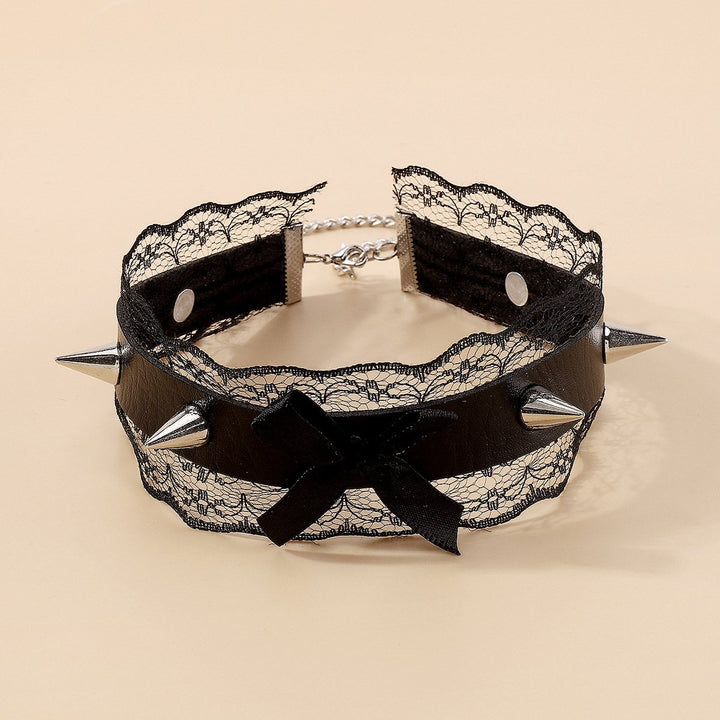 PU leather lace hem bowknot rivet decor chocker  | Festival Outfits Women