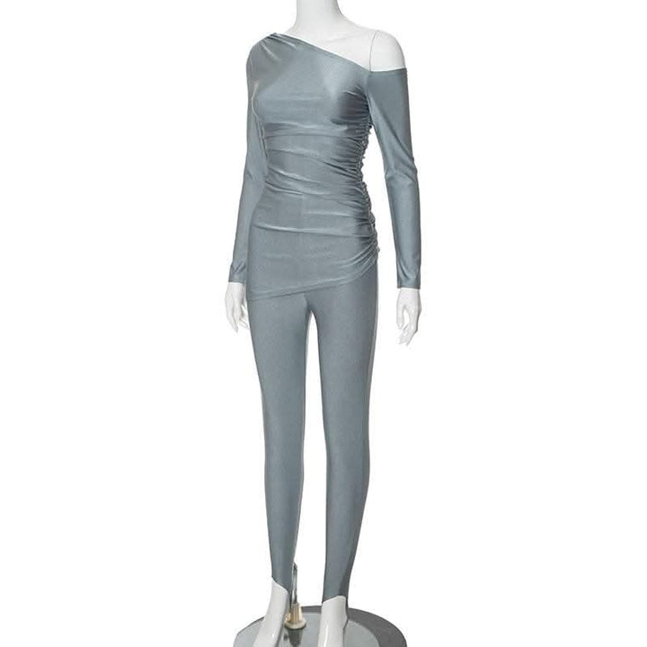 Ruched off shoulder long sleeve irregular solid pant set-final-sale  | Festival Outfits Women