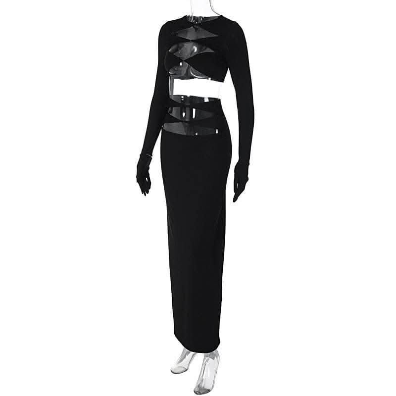 Long sleeve crewneck gloves hollow out solid maxi skirt set-final-sale  | Festival Outfits Women