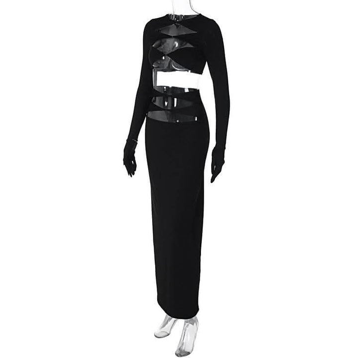 Long sleeve crewneck gloves hollow out solid maxi skirt set-final-sale  | Festival Outfits Women