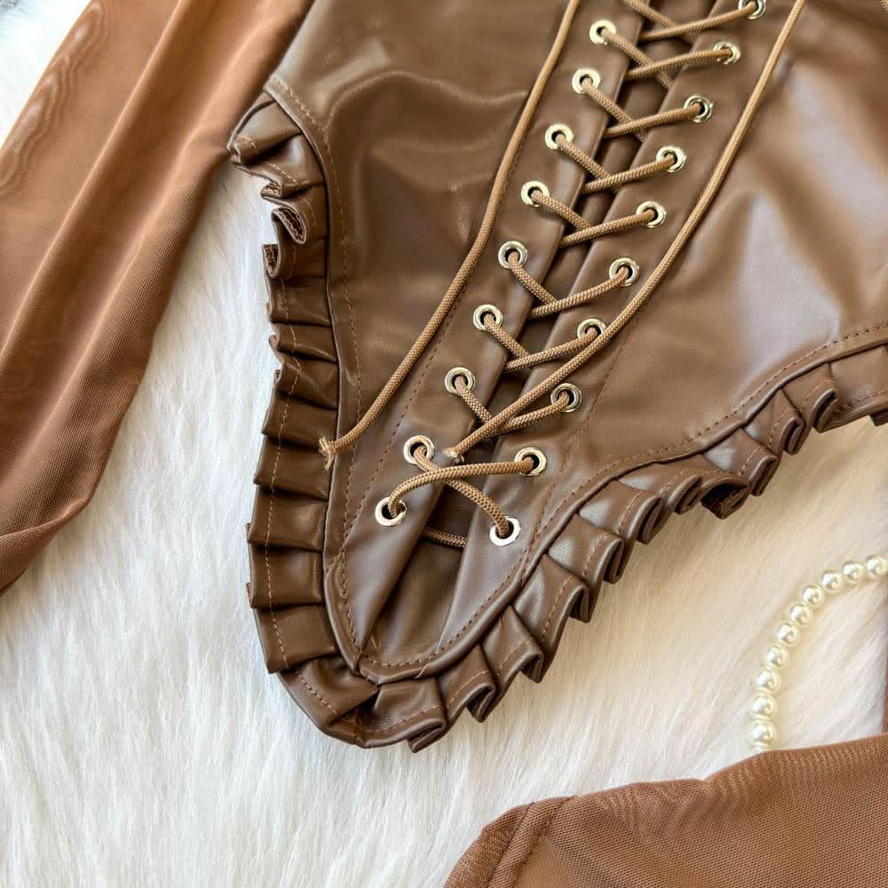 Off shoulder PU leather lace up smocked top  | Festival Outfits Women