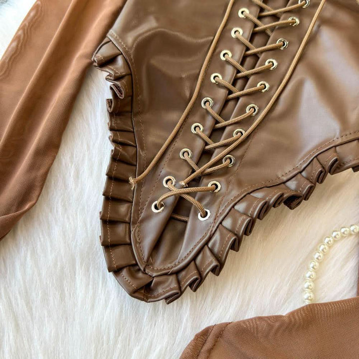 Off shoulder PU leather lace up smocked top  | Festival Outfits Women