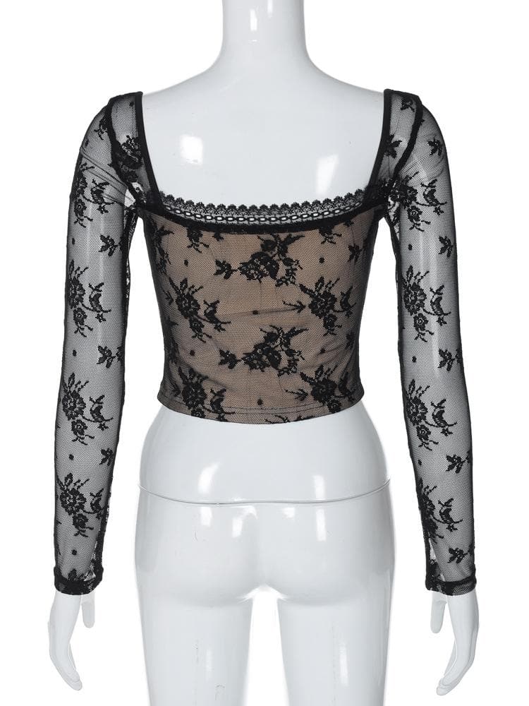 Long sleeve square neck lace patchwork top  | Festival Outfits Women