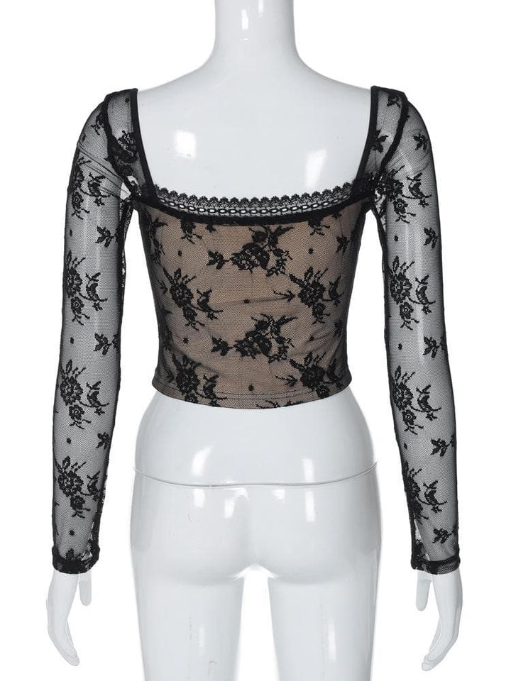 Long sleeve square neck lace patchwork top  | Festival Outfits Women
