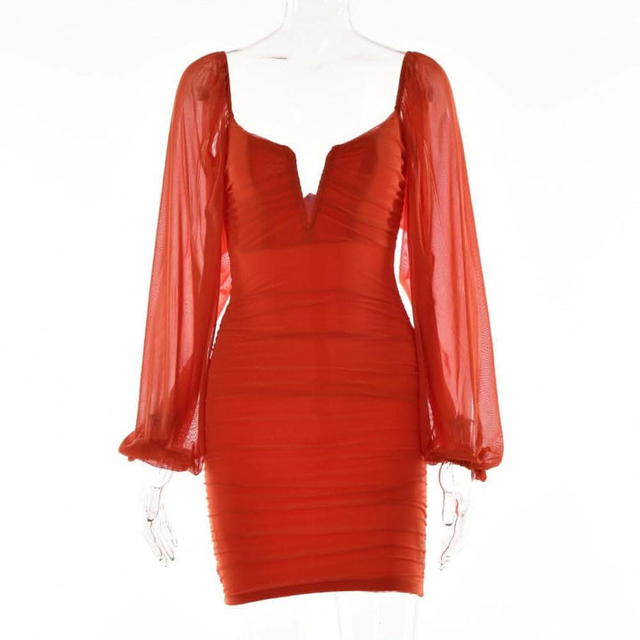 Mesh solid long sleeve ruched notch neck zip-up mini dress-final-sale  | Festival Outfits Women