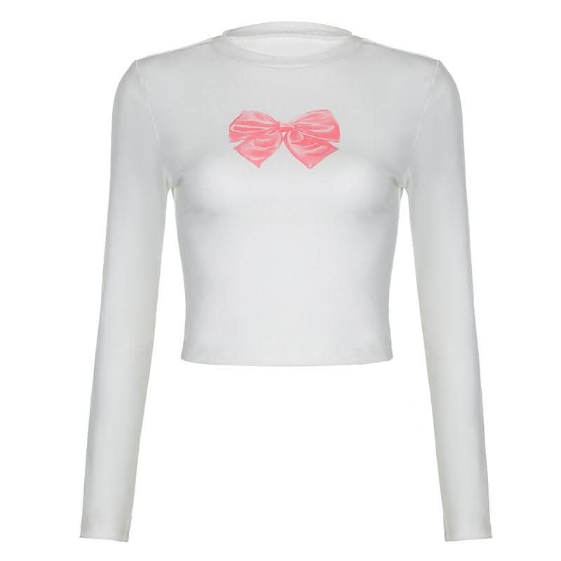 Bowknot pattern contrast long sleeve crewneck top-final-sale  | Festival Outfits Women