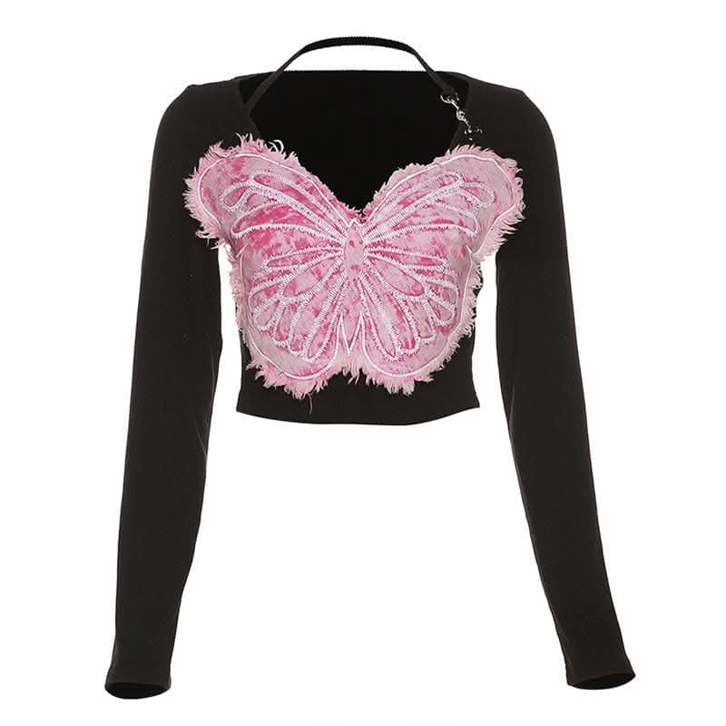 Long sleeve v neck butterfly embroidery halter contrast top-final-sale  | Festival Outfits Women