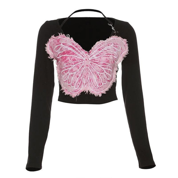 Long sleeve v neck butterfly embroidery halter contrast top-final-sale  | Festival Outfits Women