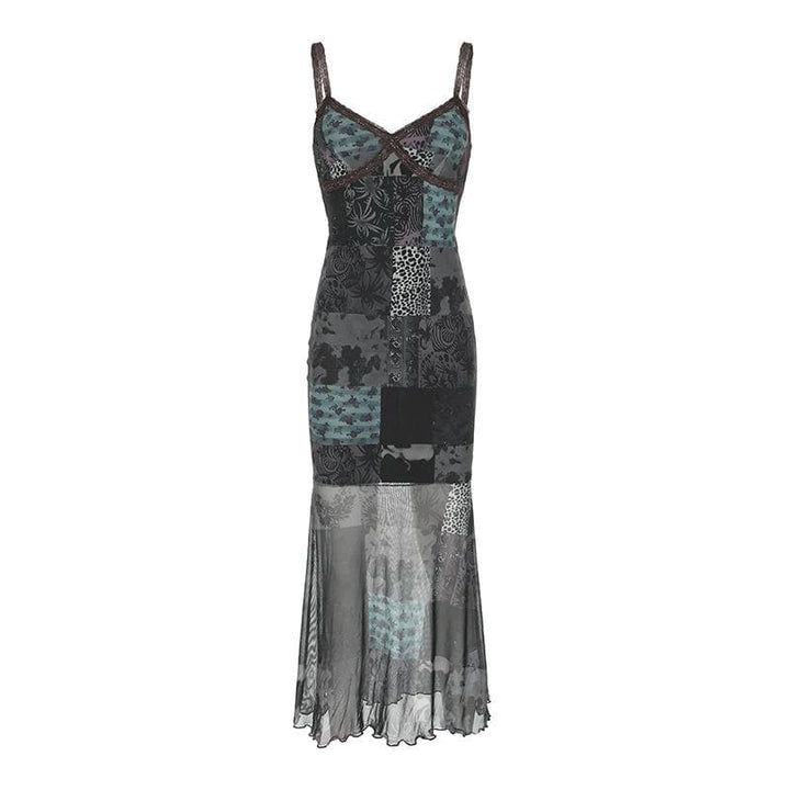 V neck print lace hem mesh cami midi dress  | Festival Outfits Women