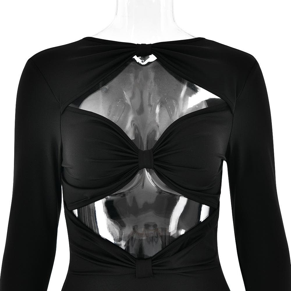 Long sleeve hollow out ruched solid jumpsuit  | Festival Outfits Women