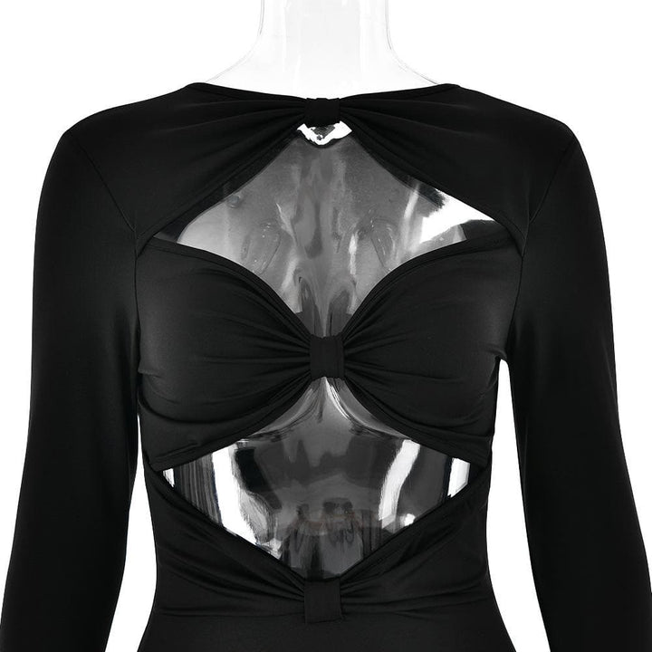 Long sleeve hollow out ruched solid jumpsuit  | Festival Outfits Women