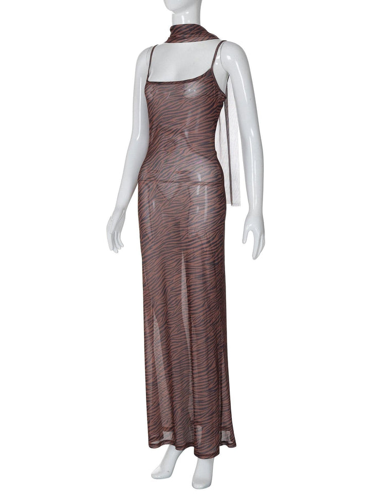 Tiger print sheer mesh cami maxi dress  | Festival Outfits Women
