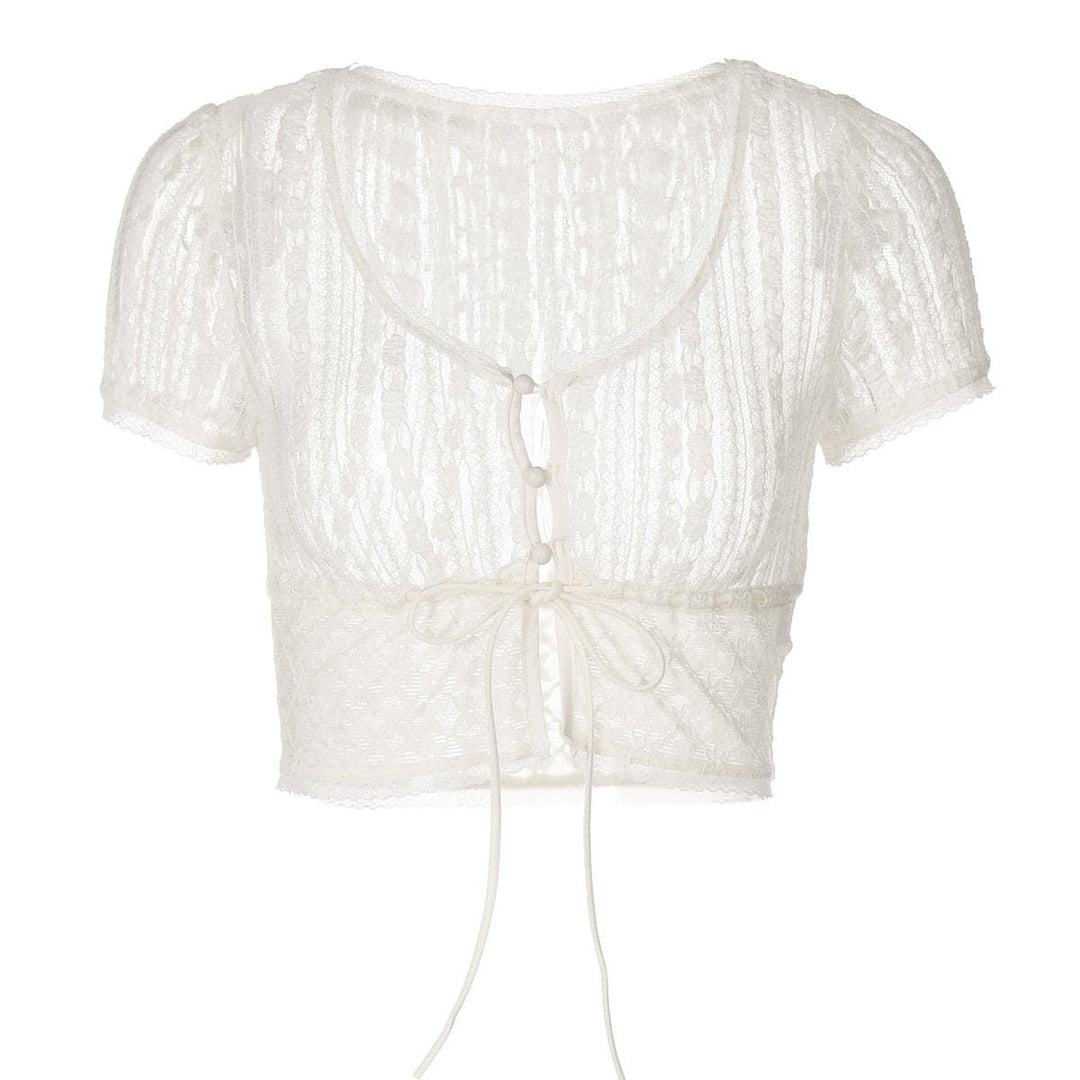 Short sleeve button lace see through crop top  | Festival Outfits Women