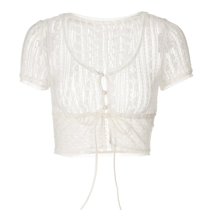 Short sleeve button lace see through crop top  | Festival Outfits Women