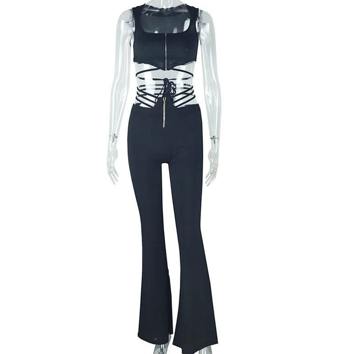 Zip-up self tie ribbed square neck solid pant set  | Festival Outfits Women