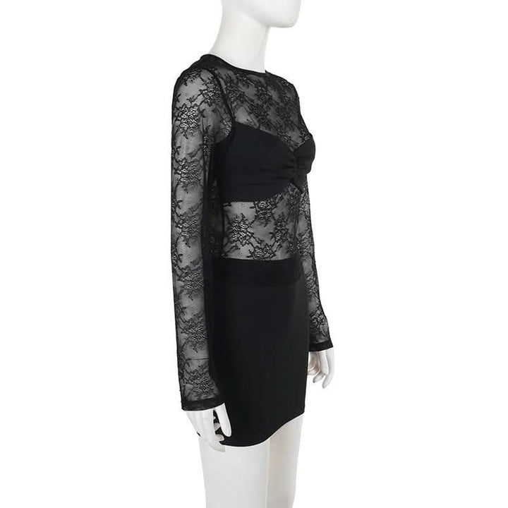 Crewneck long sleeve lace mini skirt set  | Festival Outfits Women