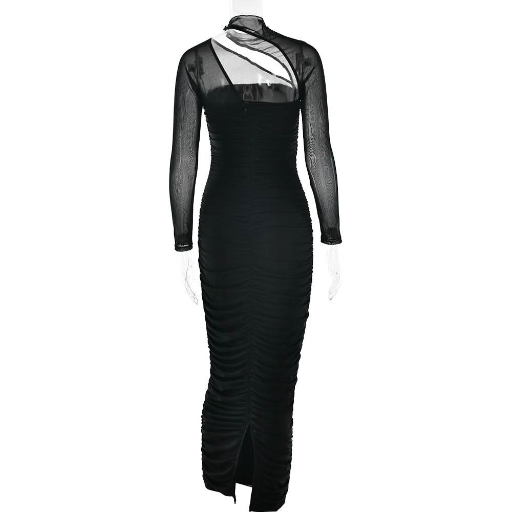 Long sleeve mesh ruched maxi dress  | Festival Outfits Women