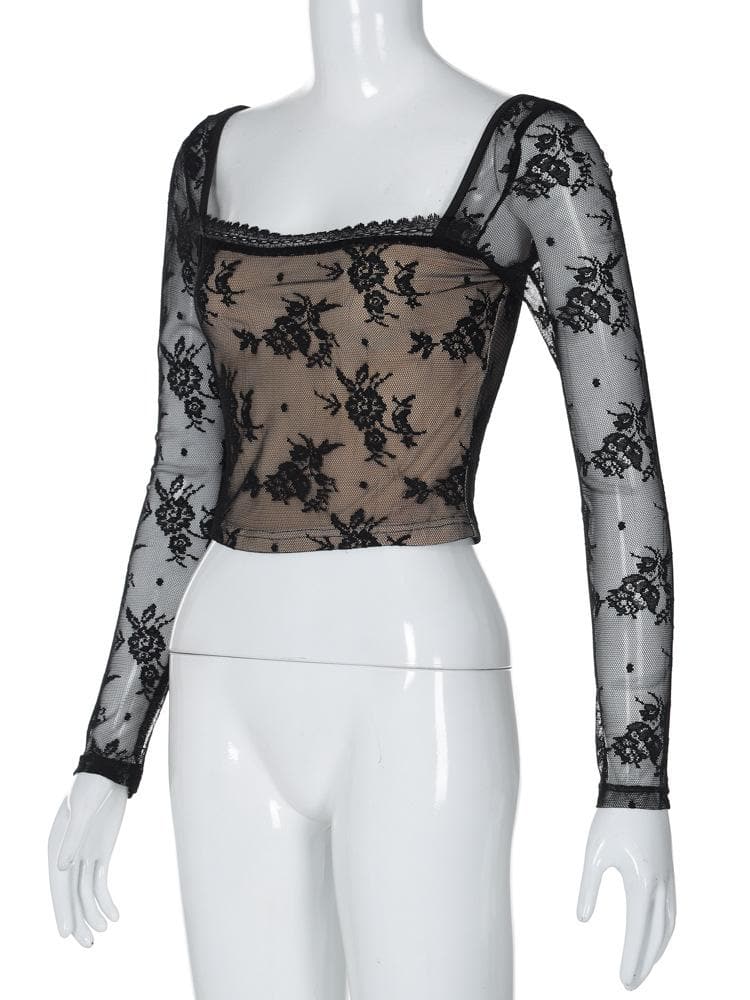 Long sleeve square neck lace patchwork top  | Festival Outfits Women