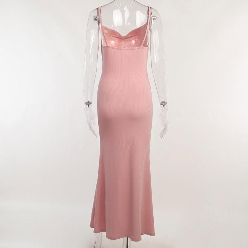 Sleeveless solid ribbed cowl neck backless ruffle maxi dress-final-sale  | Festival Outfits Women