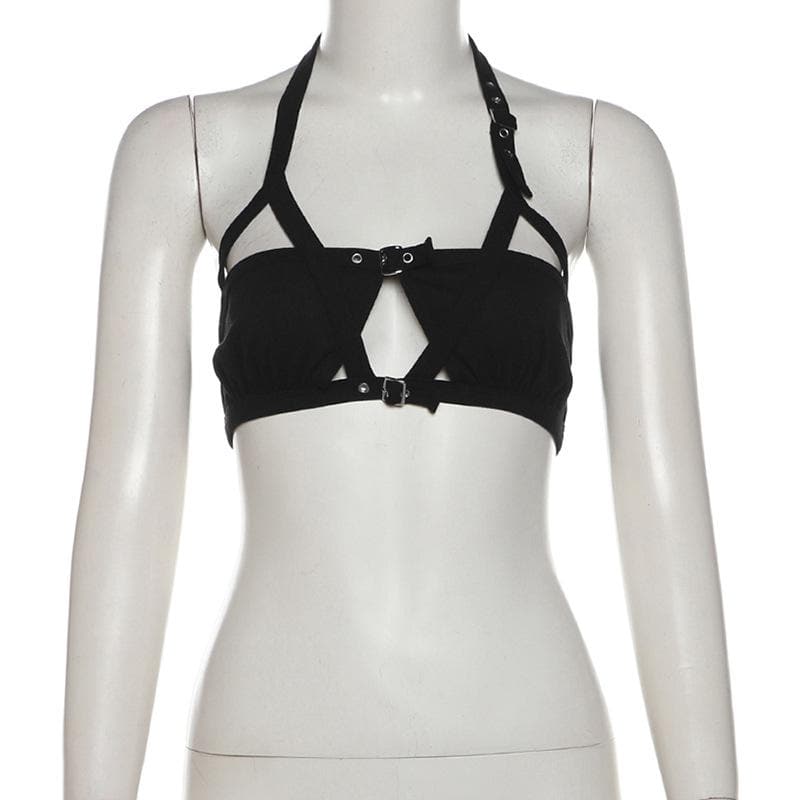 Halter hollow out buckle backless crop cut out top  | Festival Outfits Women