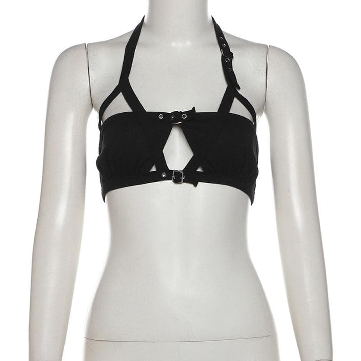 Halter hollow out buckle backless crop cut out top  | Festival Outfits Women