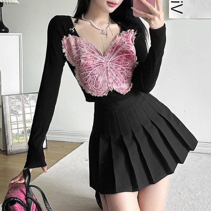 Long sleeve v neck butterfly embroidery halter contrast top-final-sale  | Festival Outfits Women
