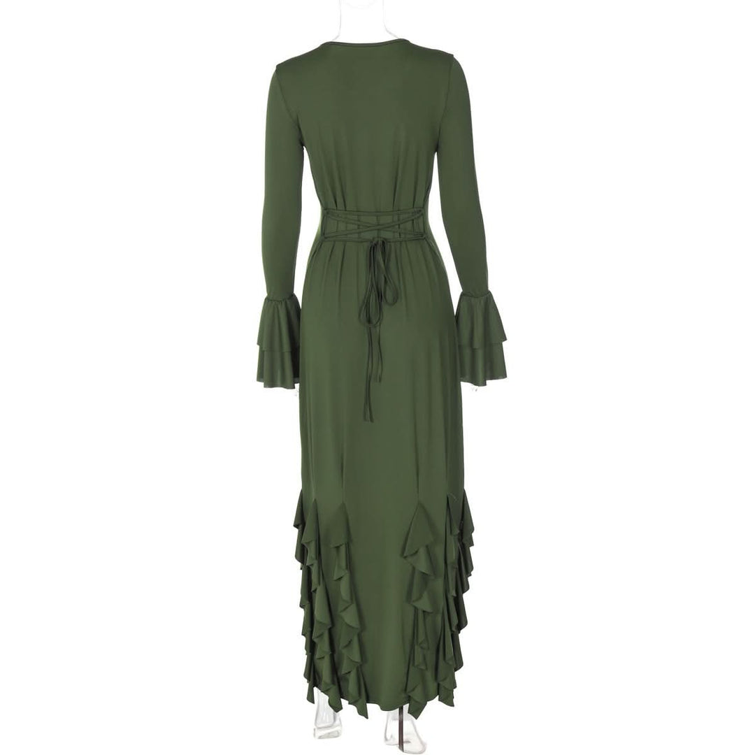 Long flared sleeve crewneck ruffle self tie maxi dress  | Festival Outfits Women