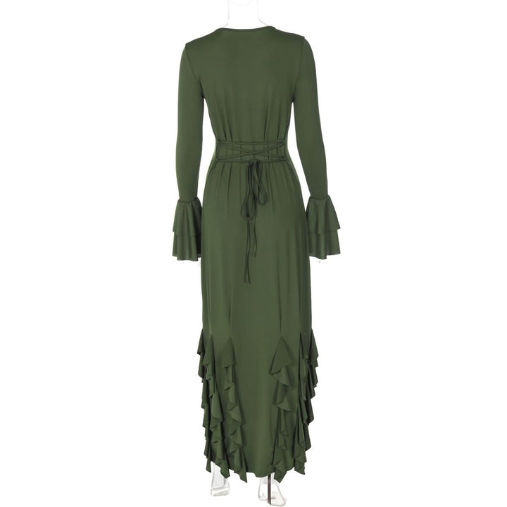 Long flared sleeve crewneck ruffle self tie maxi dress  | Festival Outfits Women