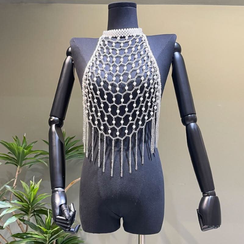 Halter metal chain beaded tassels backless hollow out cut out top  | Festival Outfits Women